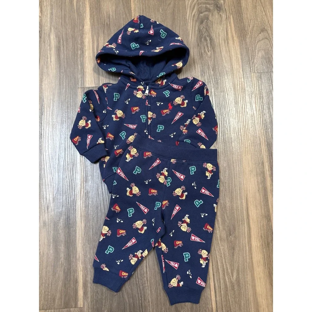 Ralph Lauren Polo Bear Cheerleader Baby Girl Fleece Hoodie/Pant Set 6 Months AOP